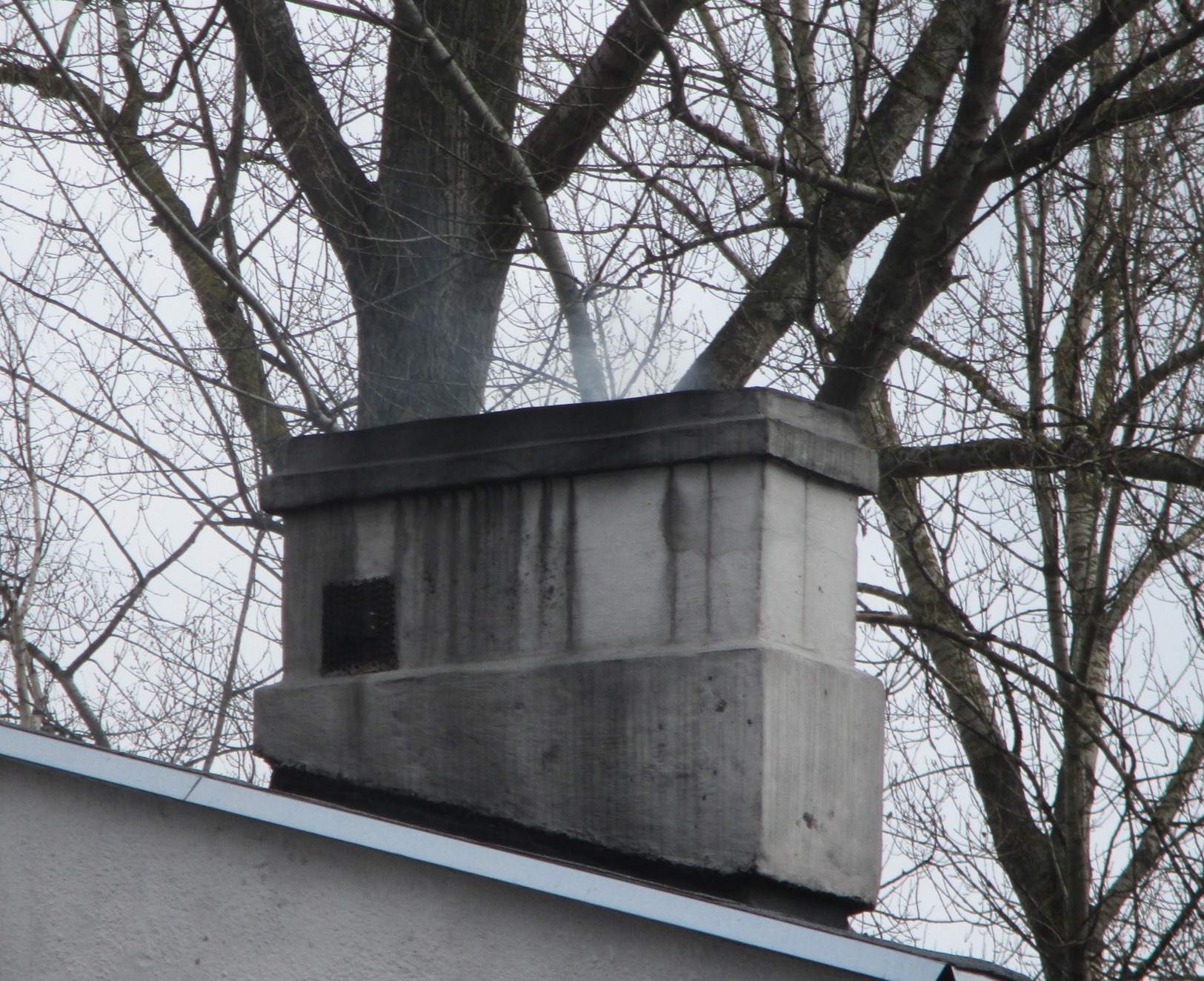 Dymiący komin na dachu na tle gałęzi bezlistnych drzew.
