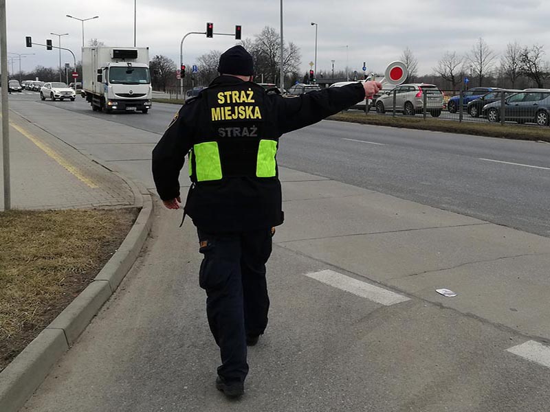 Zdjęcie ilustracyjne: strażnik miejski z "lizakiem" w ręku zatrzymuje pojazd do kontroli.