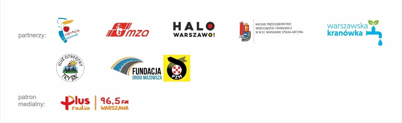 Logotypy partnerów Miasteczka Ruchu Drogowego: Miasta stołecznego Warszawy, MZA, Halo Warszawo, Wodociągów Warszawskich, Klubu Rowerowego "Trybik", Fundacji "Drogi Mazowsza", PZM oraz Radia Plus.