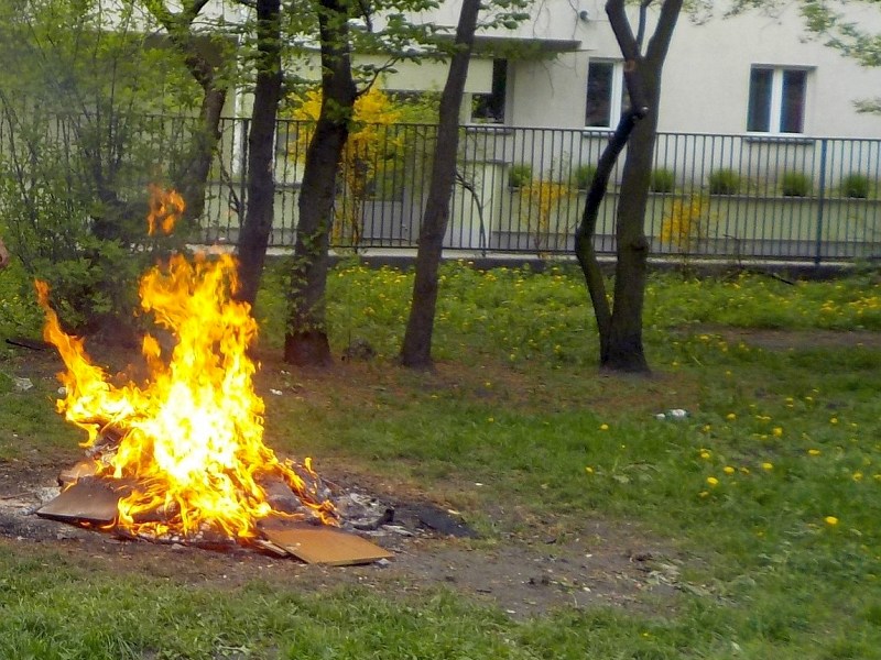 Ognisko z płyt meblowych płonące na podwórku przy Michałowskiej.