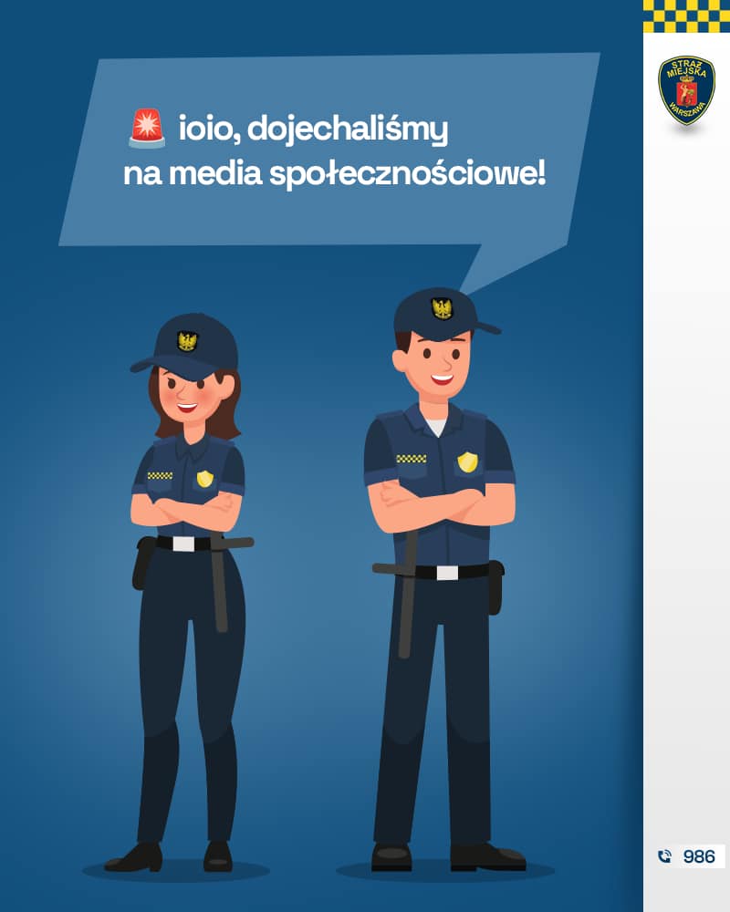 Grafika komiksowa. Dwoje strażników miejskich. Dymek nad strażnikiem: ioio, dojechaliśmy na media społecznościowe!