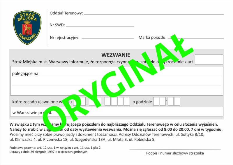 Oryginalny druk wezwania od Straży Miejskiej m.st. Warszawy
