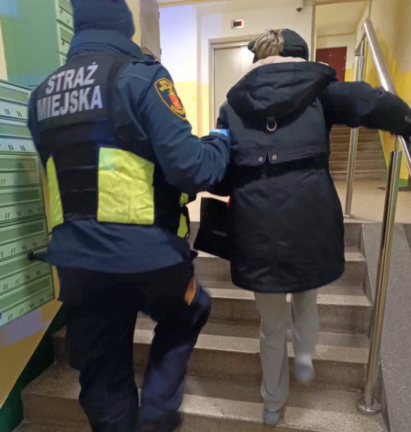 Strażnik miejski pomagający starszej kobiecie wejść po schodach