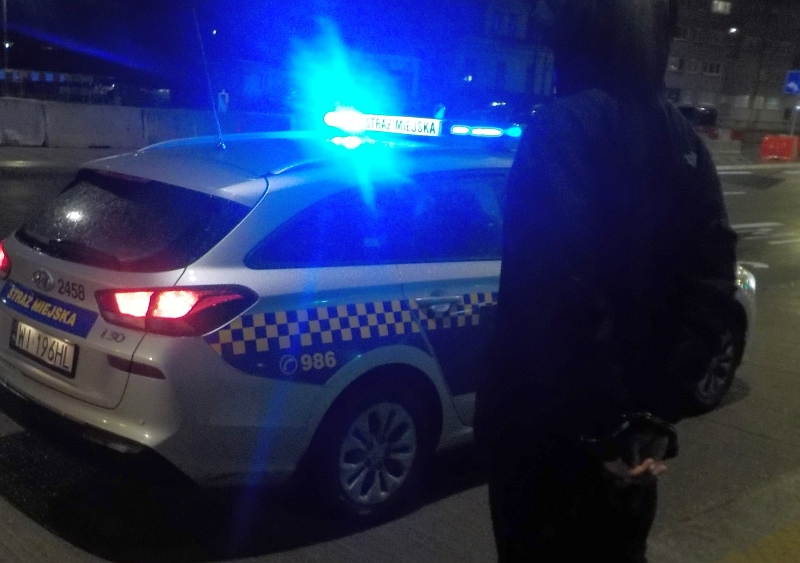 Noc. Radiowóz straży miejskiej z włączonymi sygnałami świetlnymi. Obok stoi mężczyzna w ciemnym ubraniu. Zdjęcie ilustracyjne