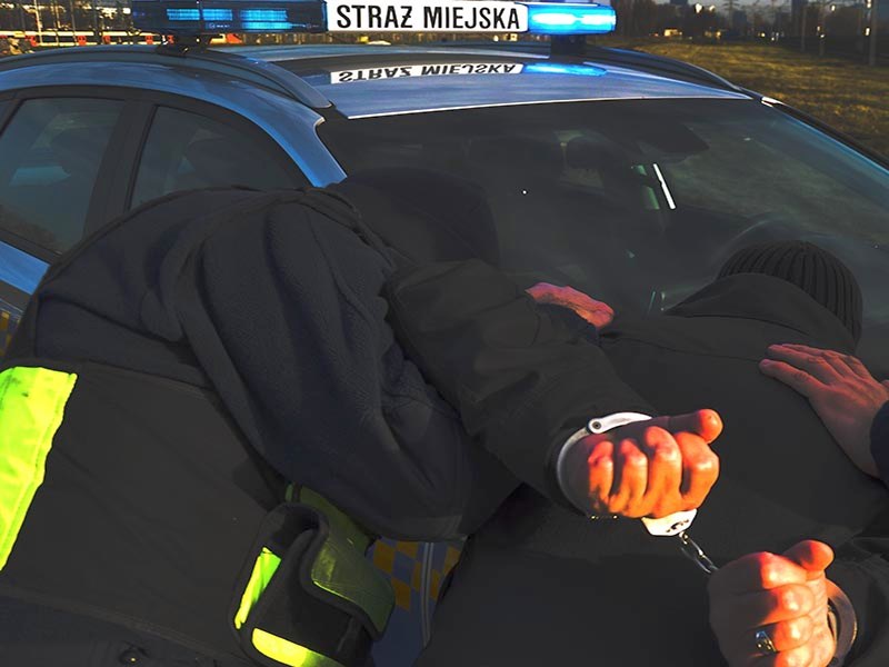 Zdjęcie ilustracyjne: mężczyzna z kajdankami zakutymi na rękach leży na masce radiowozu straży miejskiej, przytrzymywany przez strażnika.