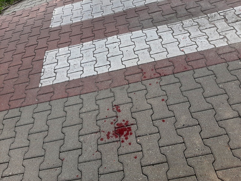Plama krwi na chodniku przy ścieżce rowerowej.