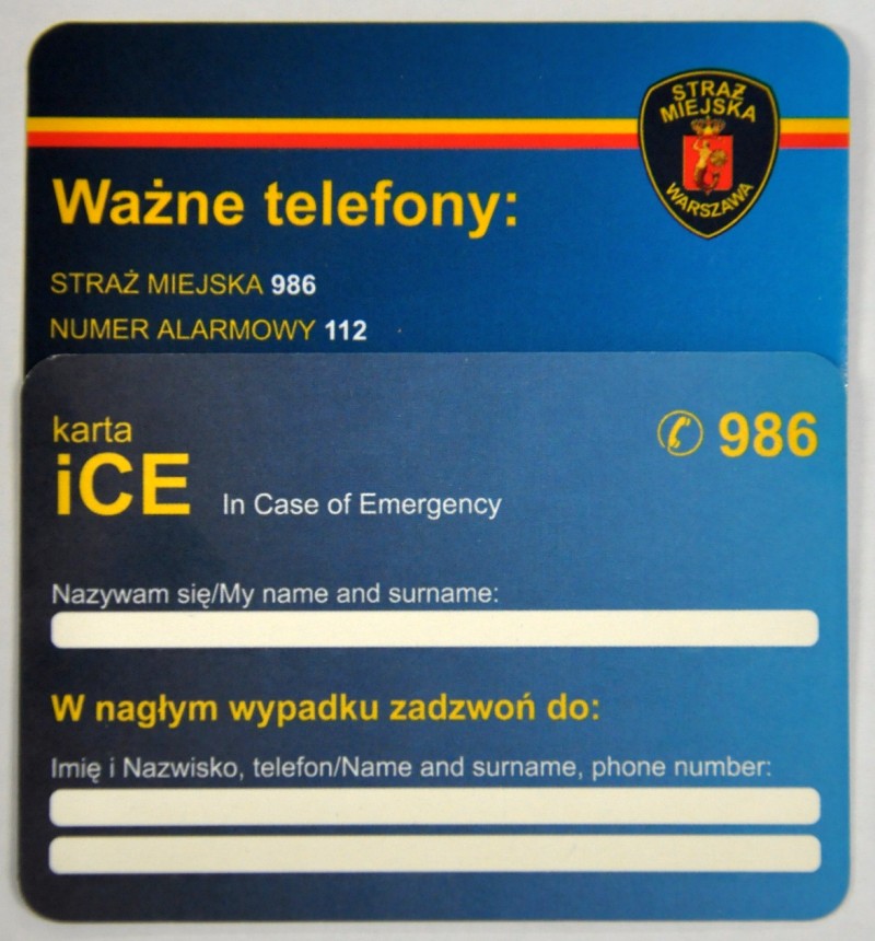 Karta ICE (In case of emergency- "w nagłym przypadku") umożliwiająca wpisanie danych kontaktowych
