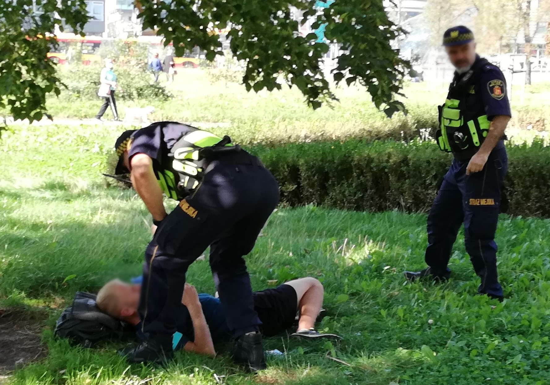 Strażnicy przy mężczyźnie leżącym na trawniku- zdjęcie ilustracyjne