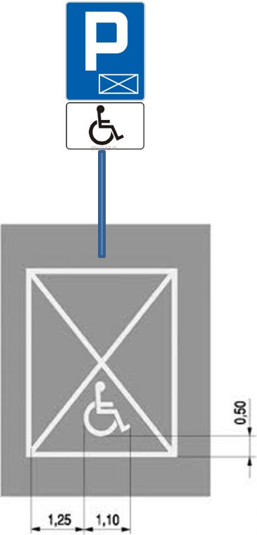 Grafika przedstawiająca oznakowanie miejsca dla osoby z niepełnosprawnością: znak D-18a "parking - miejsce zastrzeżone", z tabliczką T-29 (umieszczoną pod tym znakiem) oraz znakiem poziomym P-20 „koperta" i P-24 (miejsce dla pojazdu osoby niepełnosprawnej).