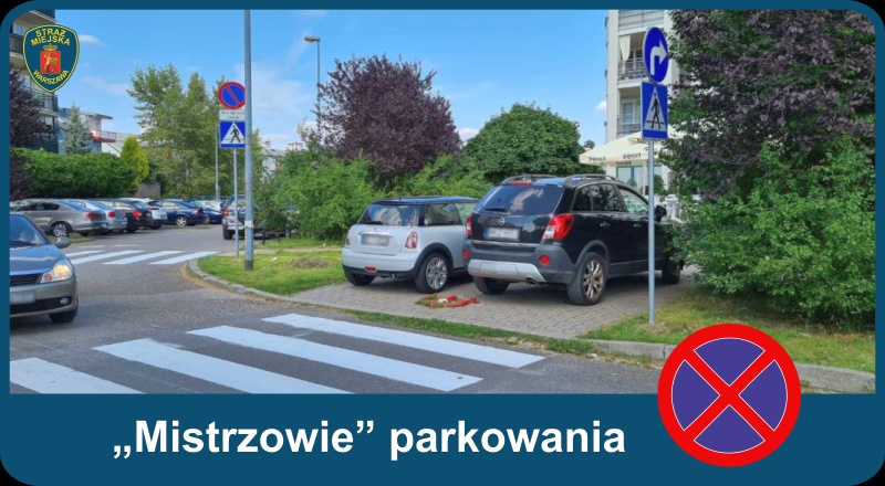 Dwa samochody zaparkowane na chodniku przy wylocie przejścia dla pieszych, blokując możliwość przejścia. U dołu zdjęcia napis "Mistrzowie parkowania" oraz ikona znaku zakazu zatrzymywania się i postoju.