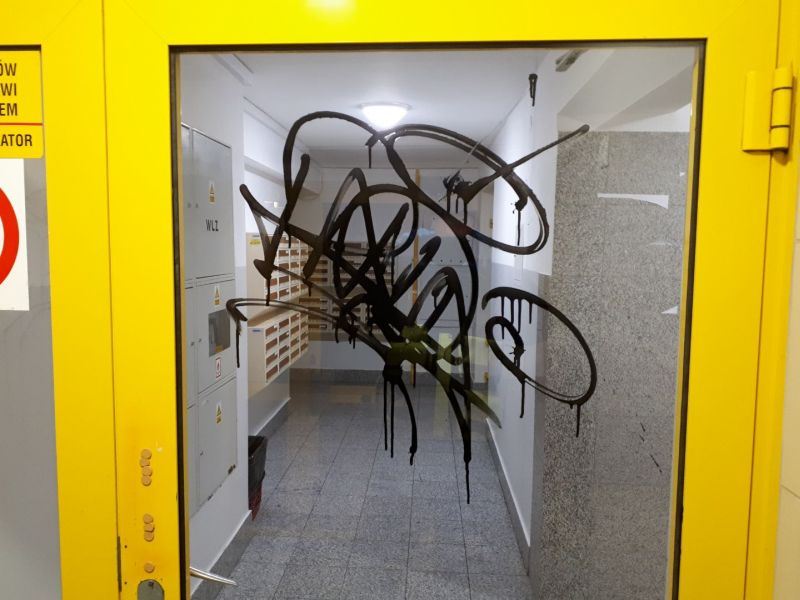 Zdjęcie z interwencji: pomazane drzwi wejściowe do bloku przy Grochowskiej.